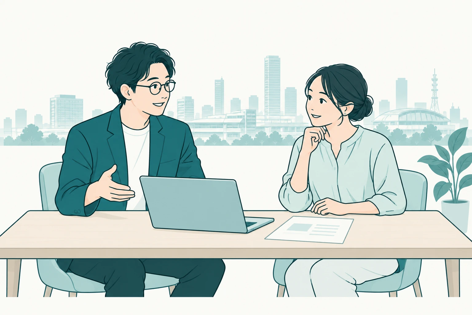 さいたまの街並みを背景に、担当者と事業者がパソコンを囲んでホームページについて相談するイラスト